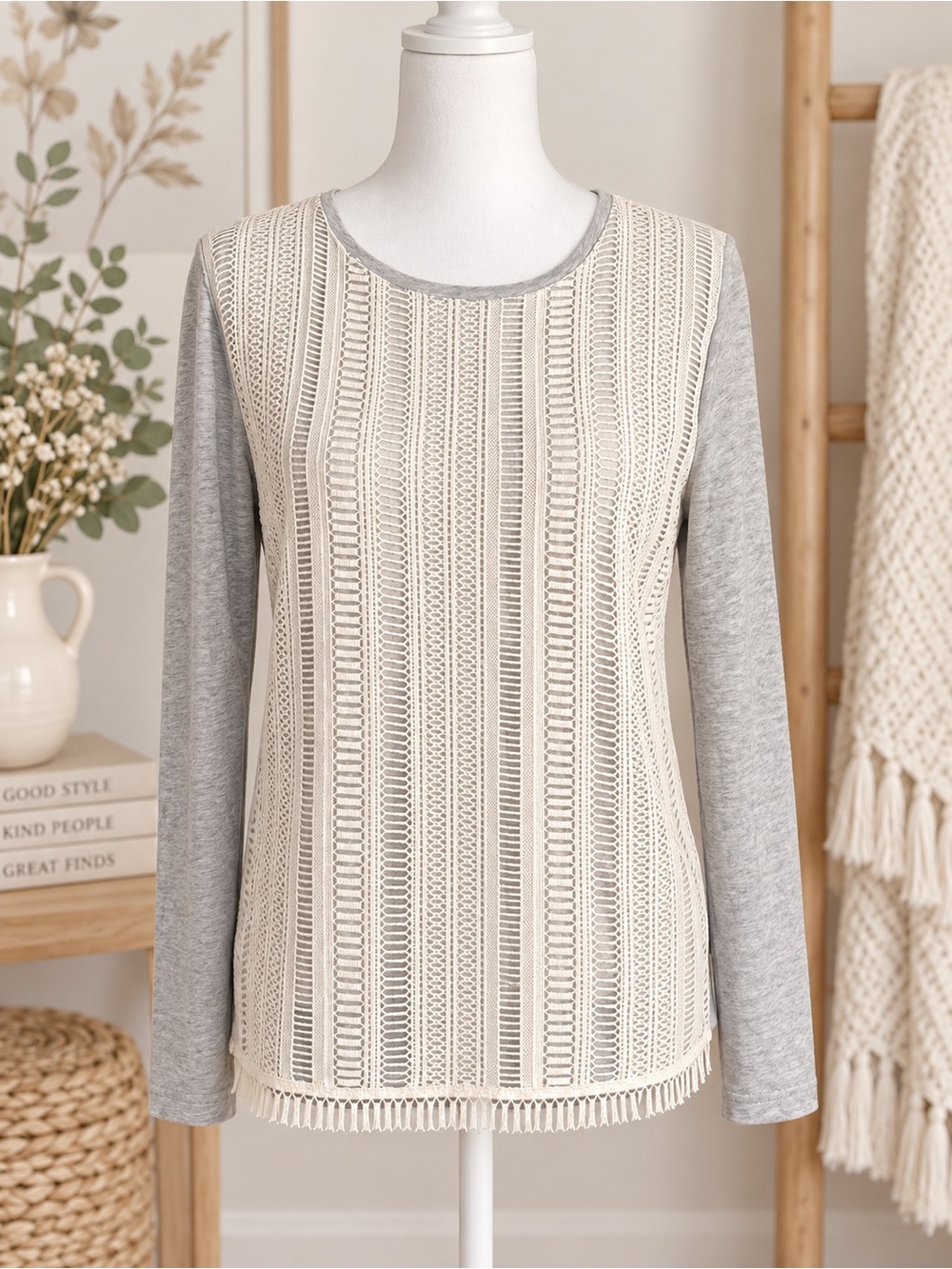 J. Crew Cream Crochet Front Long Sleeve Top with Gray Sleeves